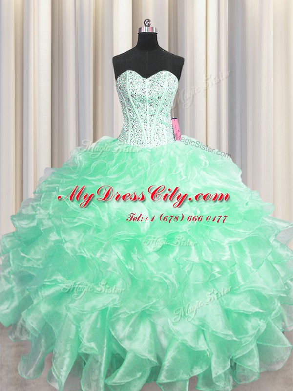 Visible Boning Apple Green Zipper Sweetheart Beading and Ruffles Sweet 16 Dresses Organza Sleeveless