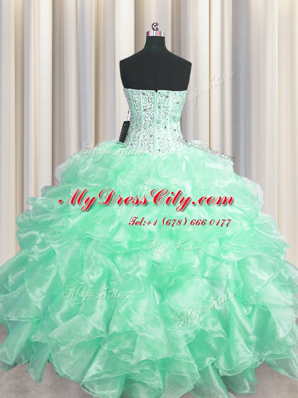 Visible Boning Apple Green Zipper Sweetheart Beading and Ruffles Sweet 16 Dresses Organza Sleeveless