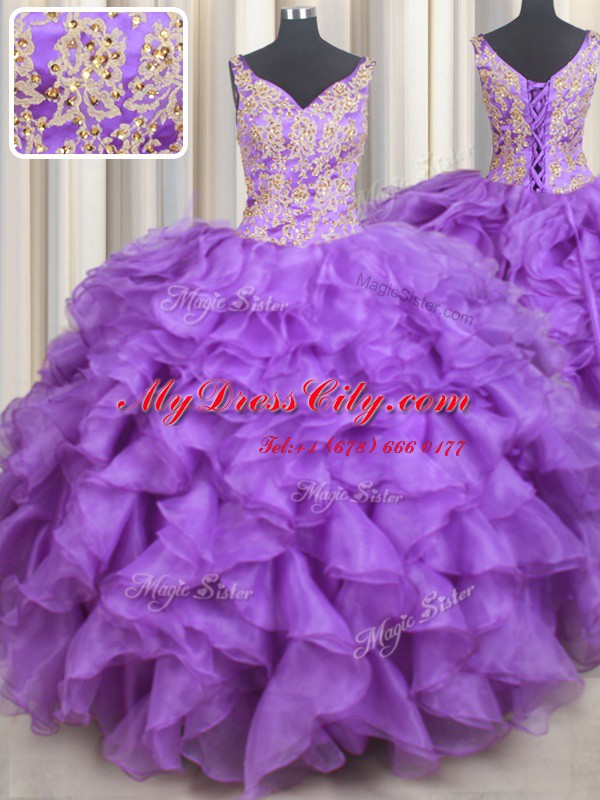 Adorable Sleeveless Lace Up Floor Length Beading and Appliques and Ruffles Quinceanera Gowns