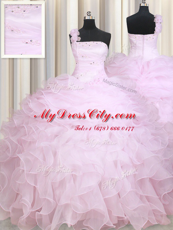 Eye-catching Baby Pink One Shoulder Neckline Beading and Ruffles Sweet 16 Dress Sleeveless Zipper