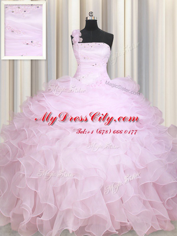 Eye-catching Baby Pink One Shoulder Neckline Beading and Ruffles Sweet 16 Dress Sleeveless Zipper