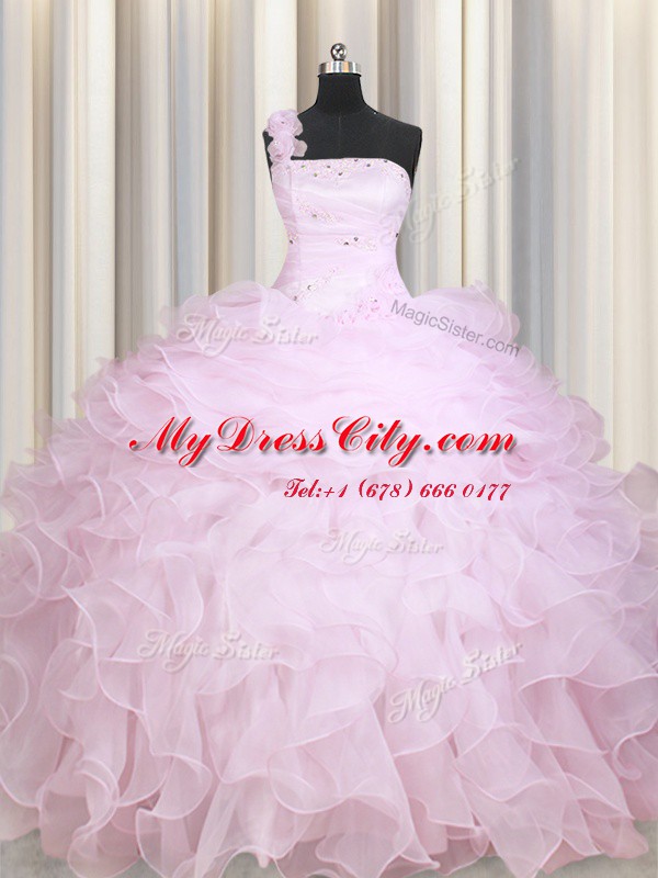 Eye-catching Baby Pink One Shoulder Neckline Beading and Ruffles Sweet 16 Dress Sleeveless Zipper