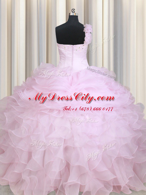 Eye-catching Baby Pink One Shoulder Neckline Beading and Ruffles Sweet 16 Dress Sleeveless Zipper