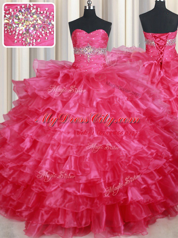 Coral Red Sweetheart Neckline Ruffled Layers 15 Quinceanera Dress Sleeveless Lace Up