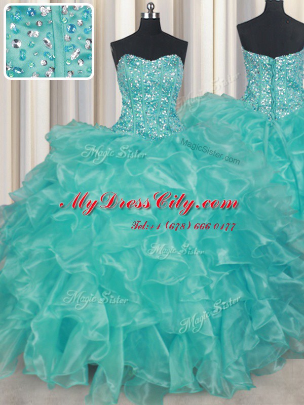 Turquoise Ball Gowns Organza Sweetheart Sleeveless Beading and Ruffles Floor Length Lace Up Quinceanera Dresses