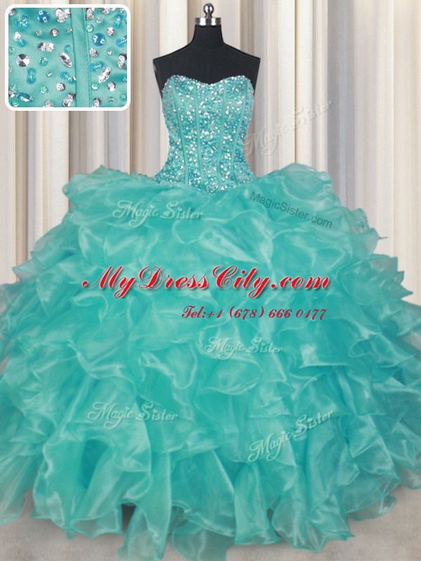 Turquoise Ball Gowns Organza Sweetheart Sleeveless Beading and Ruffles Floor Length Lace Up Quinceanera Dresses