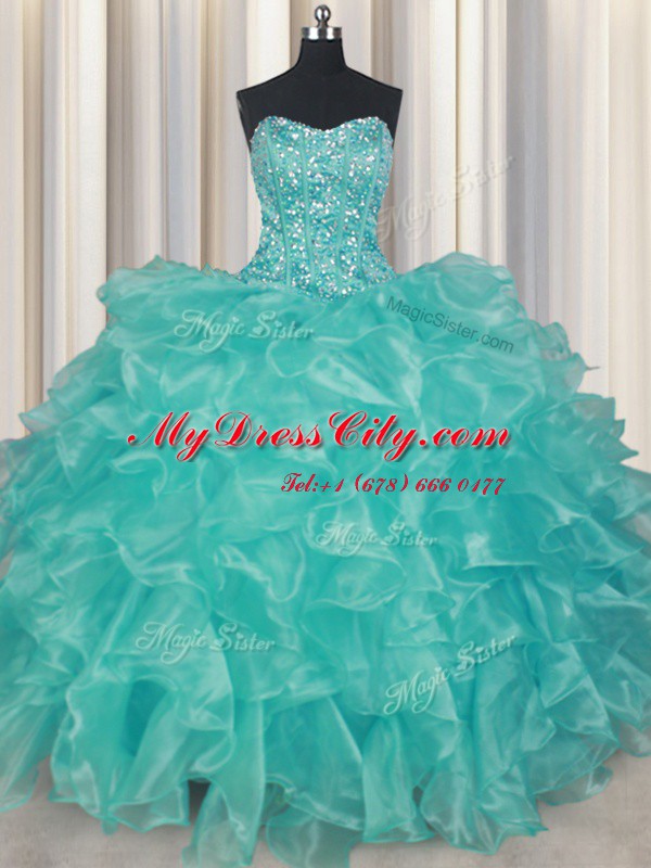 Turquoise Ball Gowns Organza Sweetheart Sleeveless Beading and Ruffles Floor Length Lace Up Quinceanera Dresses