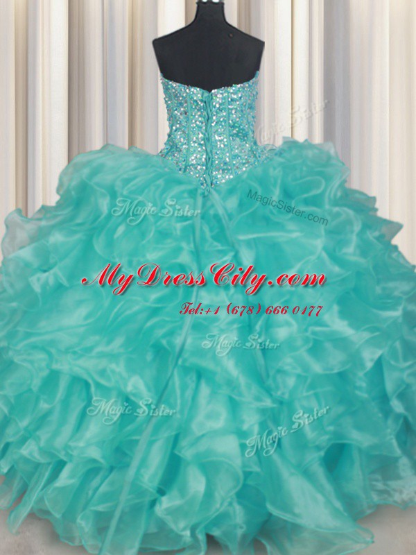 Turquoise Ball Gowns Organza Sweetheart Sleeveless Beading and Ruffles Floor Length Lace Up Quinceanera Dresses