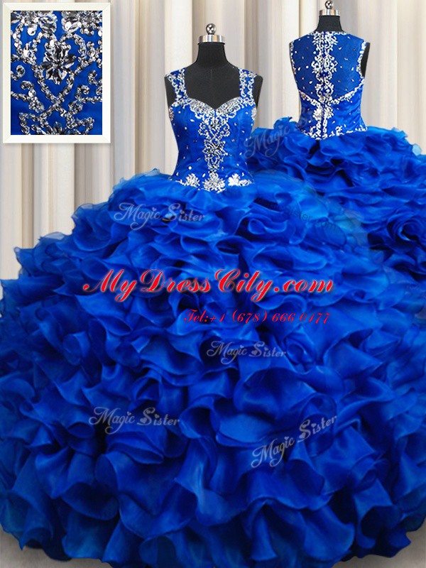 Royal Blue Quinceanera Dresses Military Ball and Sweet 16 and Quinceanera and For with Beading and Appliques and Ruffles Straps Sleeveless Lace Up