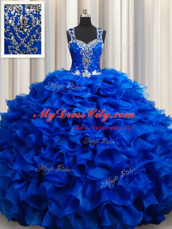 Royal Blue Quinceanera Dresses Military Ball and Sweet 16 and Quinceanera and For with Beading and Appliques and Ruffles Straps Sleeveless Lace Up