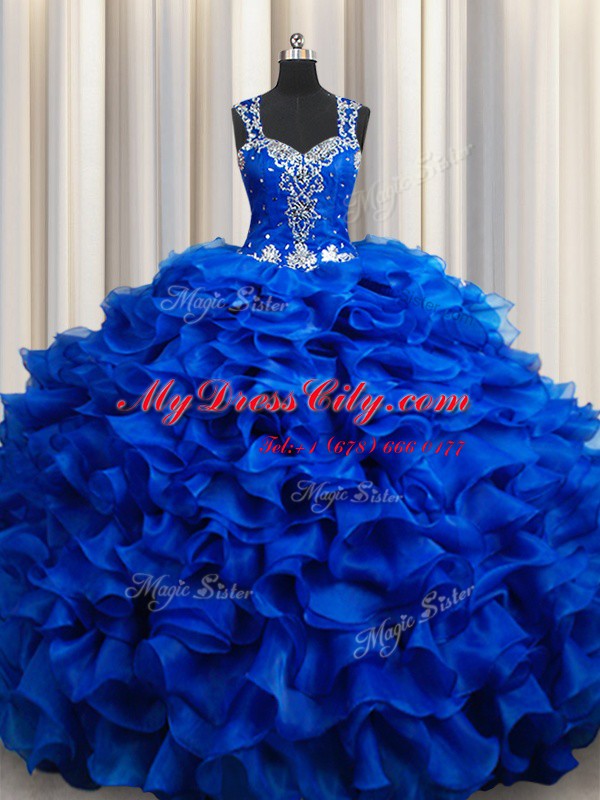 Royal Blue Quinceanera Dresses Military Ball and Sweet 16 and Quinceanera and For with Beading and Appliques and Ruffles Straps Sleeveless Lace Up