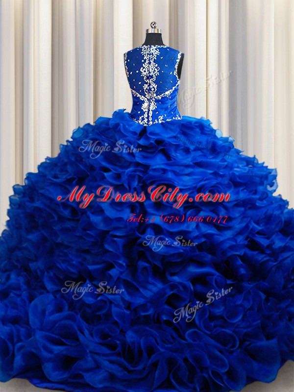 Royal Blue Quinceanera Dresses Military Ball and Sweet 16 and Quinceanera and For with Beading and Appliques and Ruffles Straps Sleeveless Lace Up