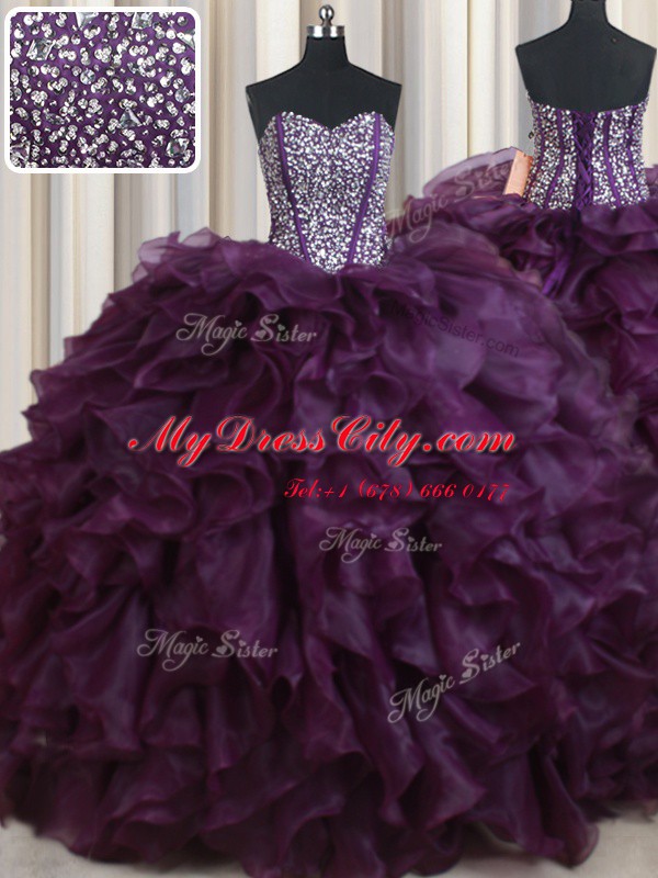 Stylish Dark Purple Sleeveless Floor Length Beading and Ruffles Lace Up Vestidos de Quinceanera