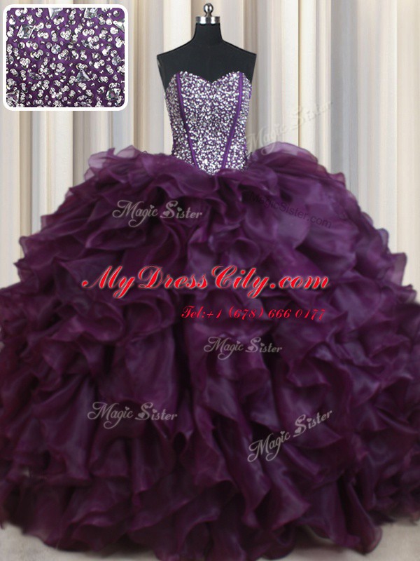 Stylish Dark Purple Sleeveless Floor Length Beading and Ruffles Lace Up Vestidos de Quinceanera