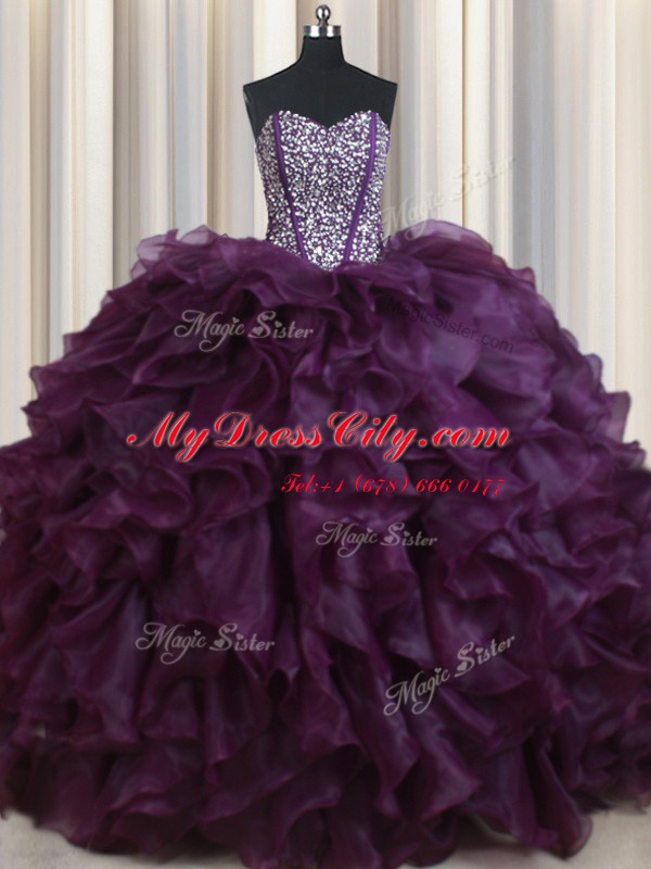 Stylish Dark Purple Sleeveless Floor Length Beading and Ruffles Lace Up Vestidos de Quinceanera