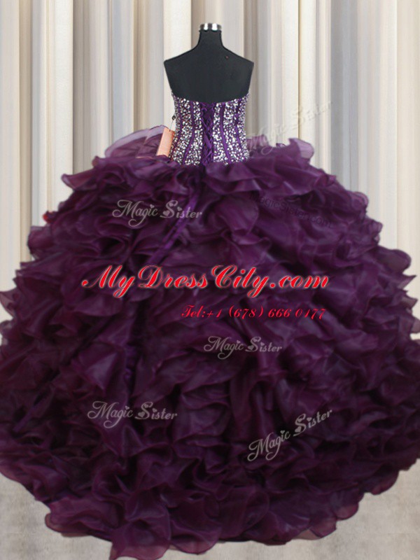 Stylish Dark Purple Sleeveless Floor Length Beading and Ruffles Lace Up Vestidos de Quinceanera