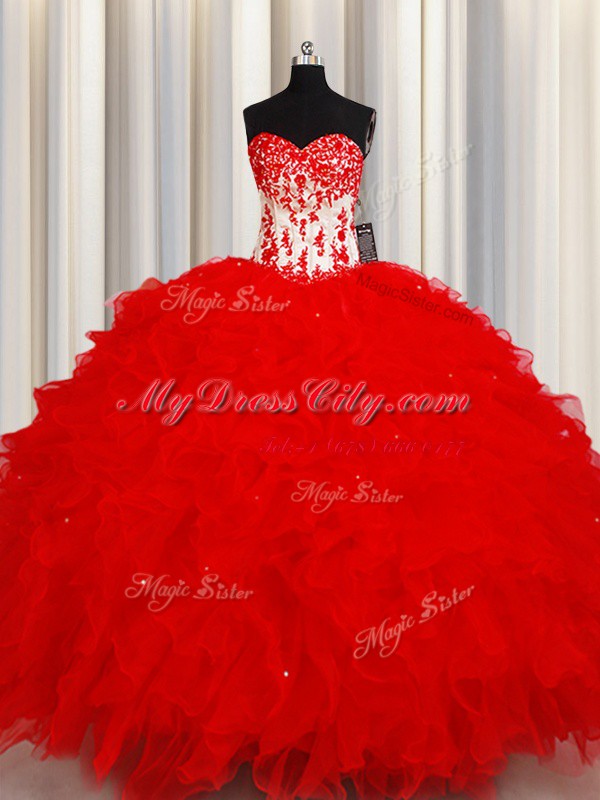 Glittering Red Ball Gowns Sweetheart Sleeveless Organza Floor Length Lace Up Beading and Appliques and Ruffles and Sequins 15 Quinceanera Dress