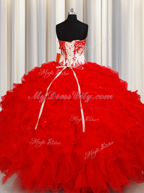 Glittering Red Ball Gowns Sweetheart Sleeveless Organza Floor Length Lace Up Beading and Appliques and Ruffles and Sequins 15 Quinceanera Dress