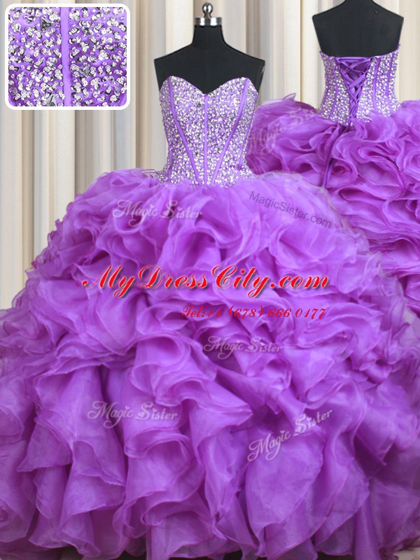 Lilac Sleeveless Organza Sweep Train Lace Up Sweet 16 Dress for Military Ball and Sweet 16 and Quinceanera