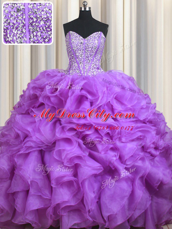 Lilac Sleeveless Organza Sweep Train Lace Up Sweet 16 Dress for Military Ball and Sweet 16 and Quinceanera