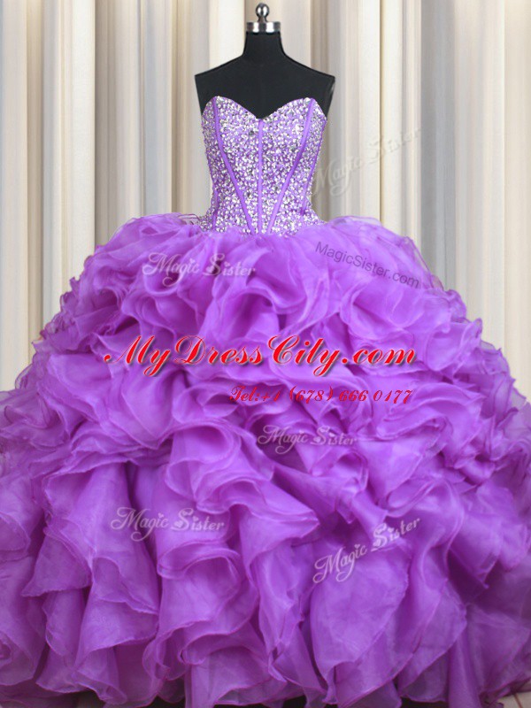 Lilac Sleeveless Organza Sweep Train Lace Up Sweet 16 Dress for Military Ball and Sweet 16 and Quinceanera