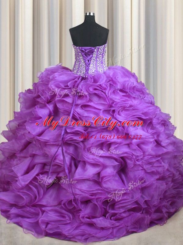 Lilac Sleeveless Organza Sweep Train Lace Up Sweet 16 Dress for Military Ball and Sweet 16 and Quinceanera