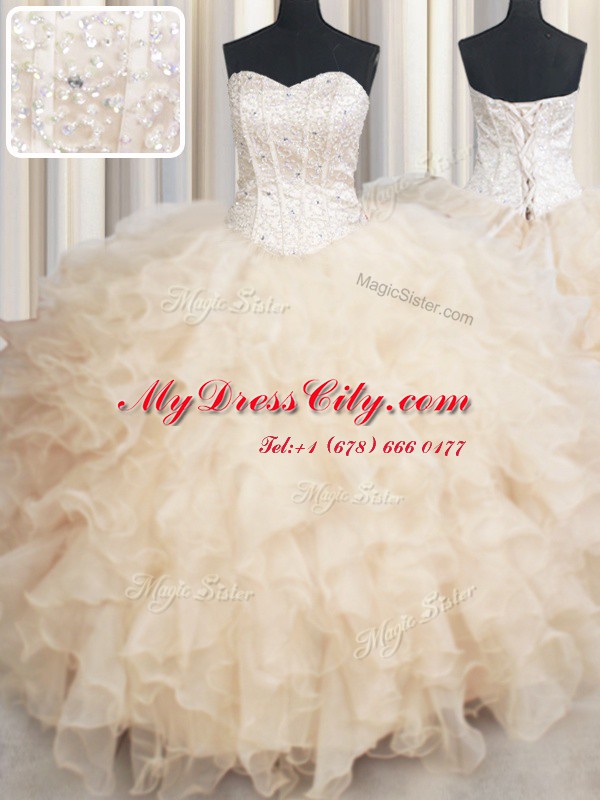 Custom Made Champagne Ball Gowns Sweetheart Sleeveless Organza Floor Length Lace Up Beading and Ruffles Ball Gown Prom Dress