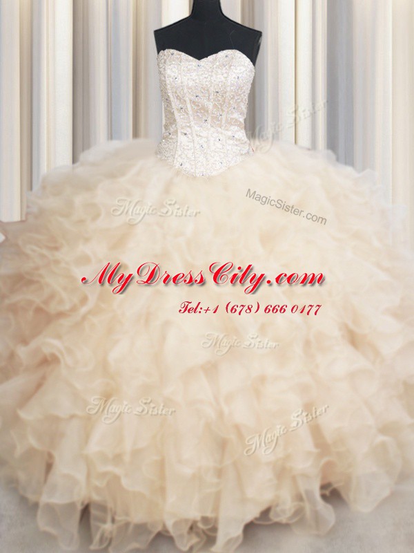 Custom Made Champagne Ball Gowns Sweetheart Sleeveless Organza Floor Length Lace Up Beading and Ruffles Ball Gown Prom Dress