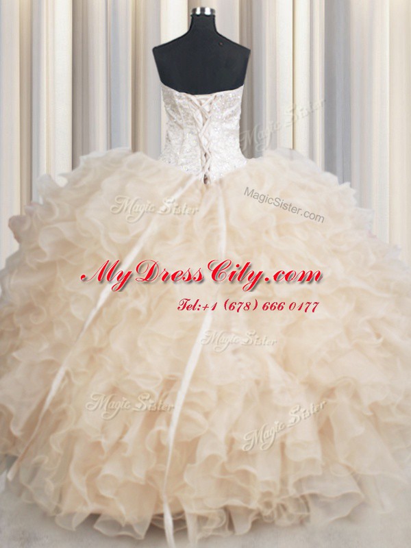 Custom Made Champagne Ball Gowns Sweetheart Sleeveless Organza Floor Length Lace Up Beading and Ruffles Ball Gown Prom Dress