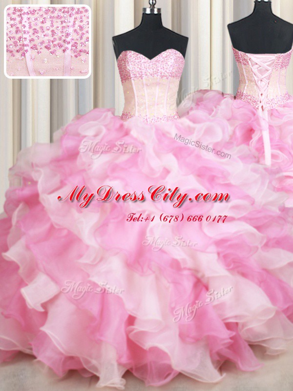 Exquisite Pink And White Ball Gowns Organza Sweetheart Sleeveless Beading and Ruffles Floor Length Lace Up Vestidos de Quinceanera