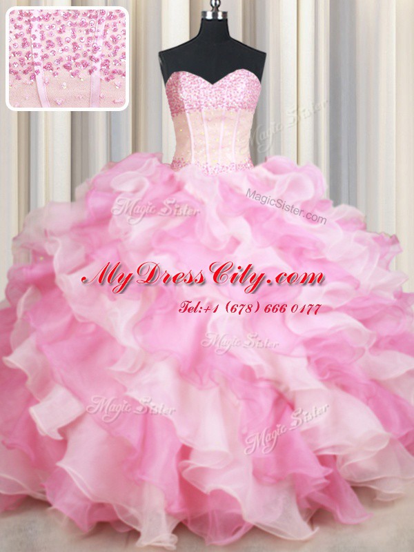 Exquisite Pink And White Ball Gowns Organza Sweetheart Sleeveless Beading and Ruffles Floor Length Lace Up Vestidos de Quinceanera