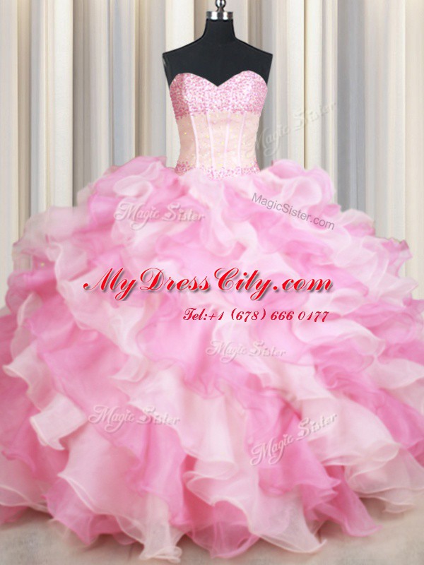 Exquisite Pink And White Ball Gowns Organza Sweetheart Sleeveless Beading and Ruffles Floor Length Lace Up Vestidos de Quinceanera