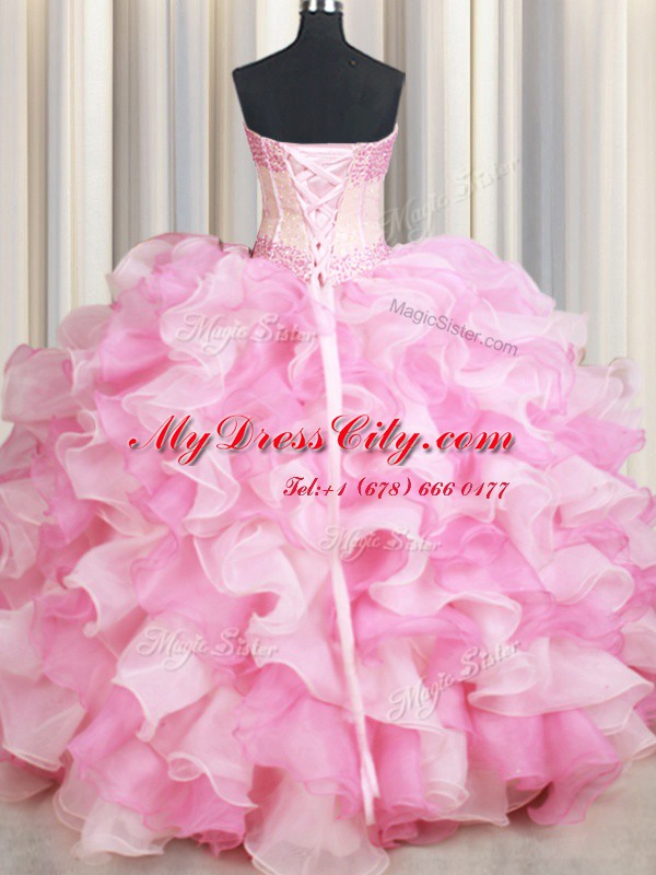 Exquisite Pink And White Ball Gowns Organza Sweetheart Sleeveless Beading and Ruffles Floor Length Lace Up Vestidos de Quinceanera