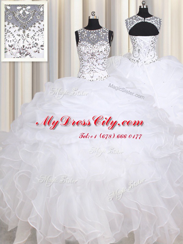 Straps Sleeveless Lace Up Quinceanera Dresses White Organza