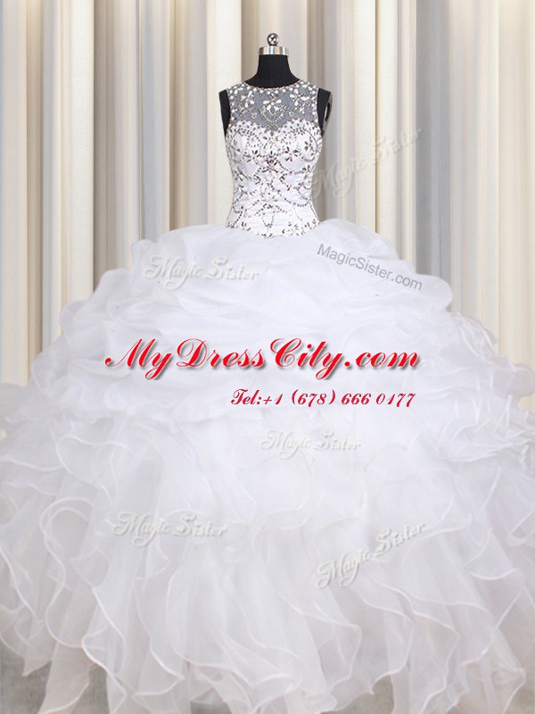 Straps Sleeveless Lace Up Quinceanera Dresses White Organza