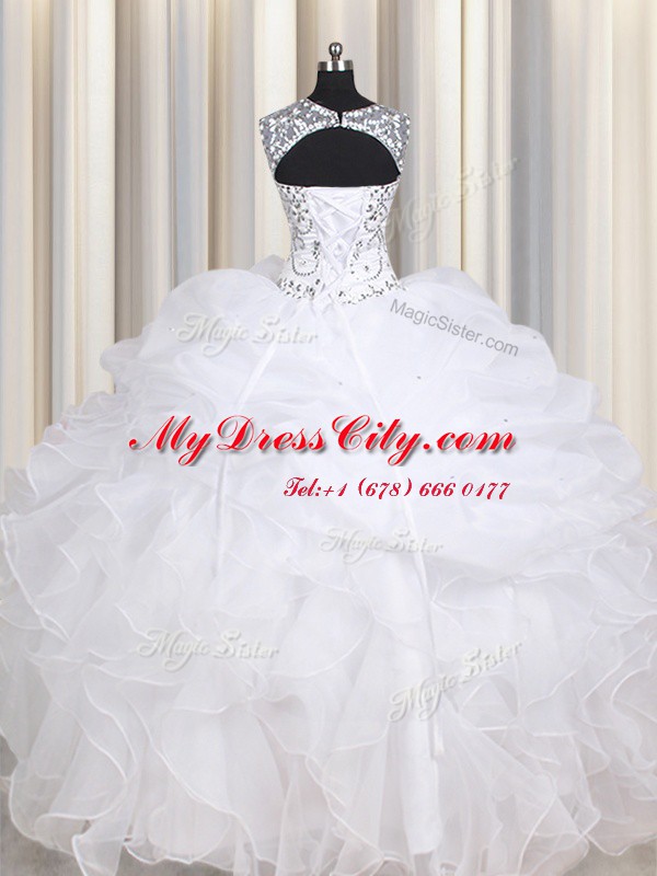 Straps Sleeveless Lace Up Quinceanera Dresses White Organza