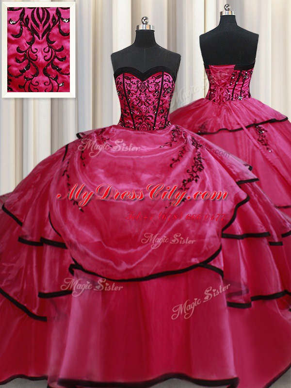 Eye-catching Floor Length Red Quinceanera Dress Satin Sleeveless Beading and Appliques and Ruffled Layers