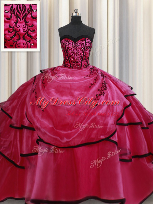 Eye-catching Floor Length Red Quinceanera Dress Satin Sleeveless Beading and Appliques and Ruffled Layers