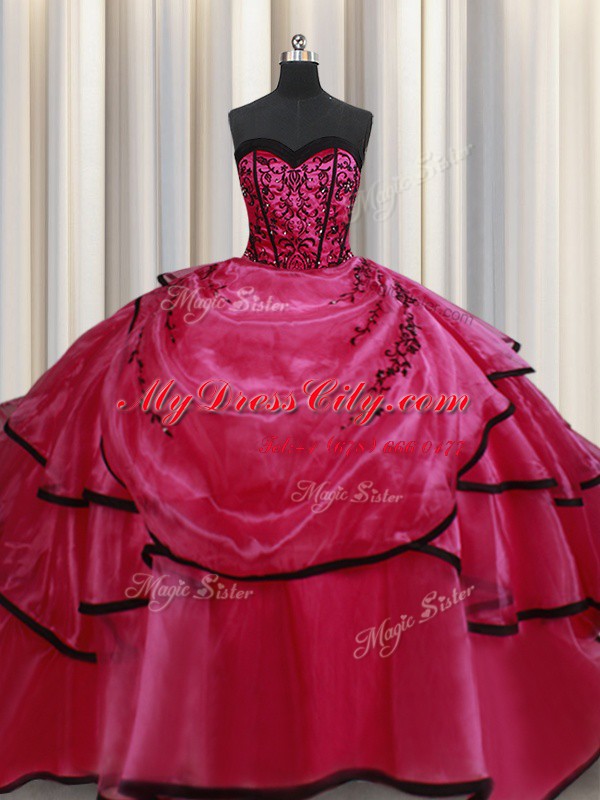 Eye-catching Floor Length Red Quinceanera Dress Satin Sleeveless Beading and Appliques and Ruffled Layers