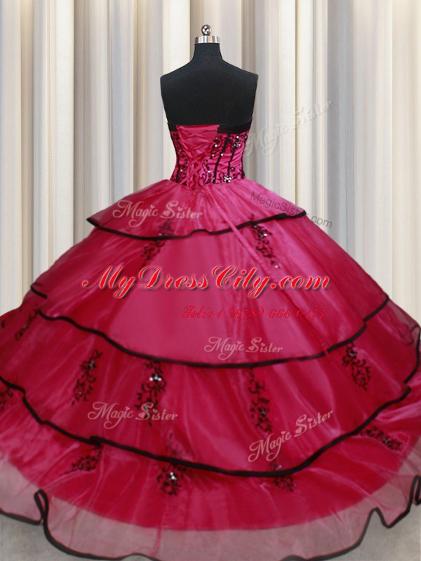 Eye-catching Floor Length Red Quinceanera Dress Satin Sleeveless Beading and Appliques and Ruffled Layers