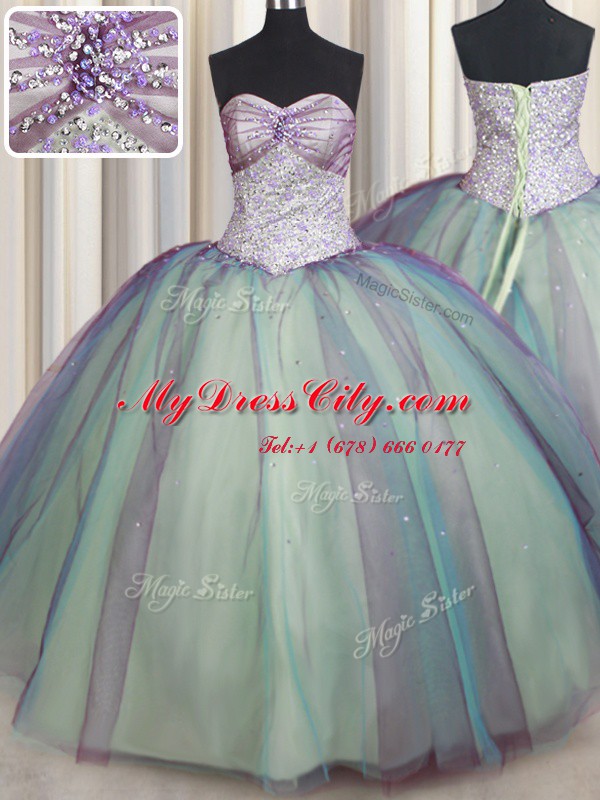 Vintage Beading and Sequins Quinceanera Gowns Multi-color Lace Up Sleeveless Floor Length