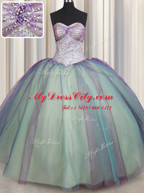 Vintage Beading and Sequins Quinceanera Gowns Multi-color Lace Up Sleeveless Floor Length