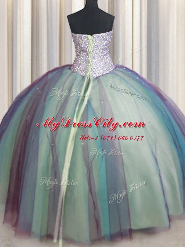 Vintage Beading and Sequins Quinceanera Gowns Multi-color Lace Up Sleeveless Floor Length