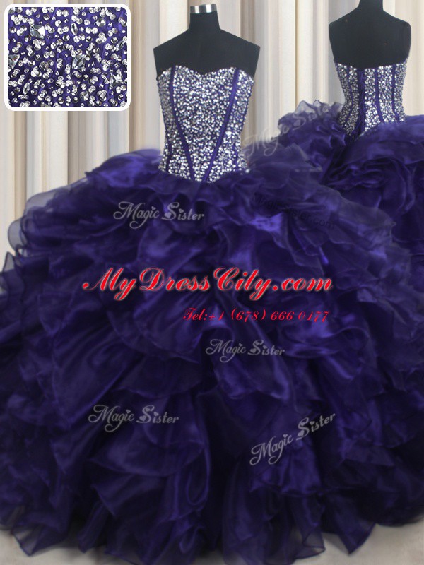 Purple Organza Lace Up Sweetheart Sleeveless With Train Sweet 16 Dress Brush Train Beading and Ruffles