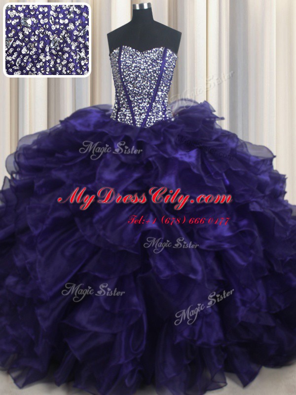 Purple Organza Lace Up Sweetheart Sleeveless With Train Sweet 16 Dress Brush Train Beading and Ruffles