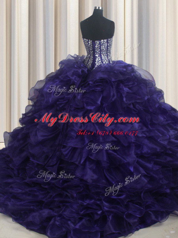 Purple Organza Lace Up Sweetheart Sleeveless With Train Sweet 16 Dress Brush Train Beading and Ruffles