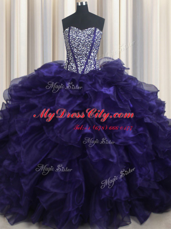 Purple Organza Lace Up Sweetheart Sleeveless With Train Sweet 16 Dress Brush Train Beading and Ruffles