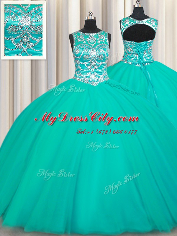 New Arrival Scoop Tulle Sleeveless Floor Length Quince Ball Gowns and Appliques