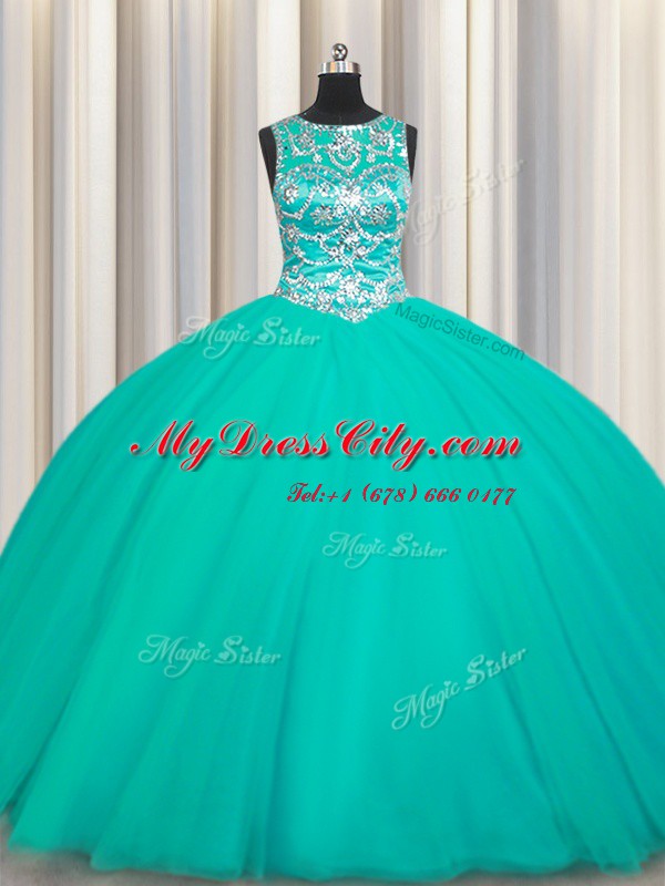 New Arrival Scoop Tulle Sleeveless Floor Length Quince Ball Gowns and Appliques