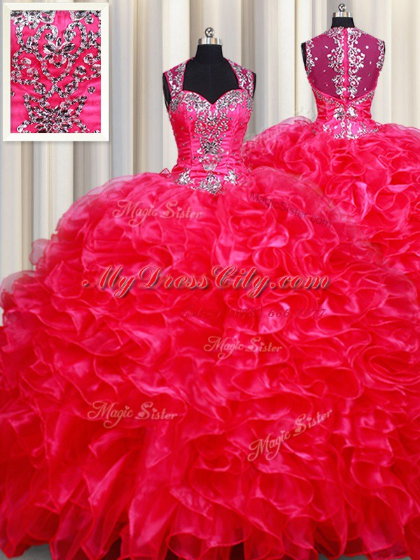 Luxurious Red Ball Gowns Straps Sleeveless Organza Floor Length Zipper Beading and Ruffles Sweet 16 Quinceanera Dress